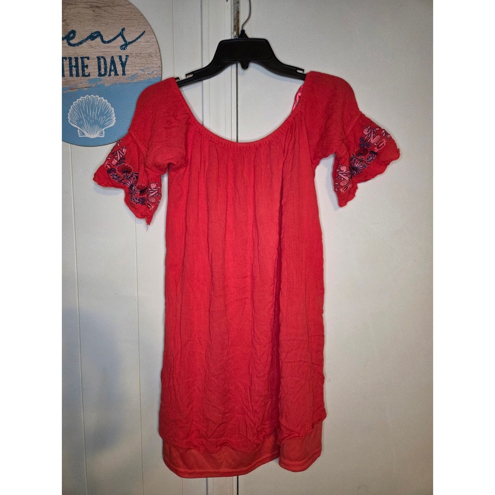 Rebellion Again Coral Red Embroidered Bell Sleeve Boho Gauze Tunic Large